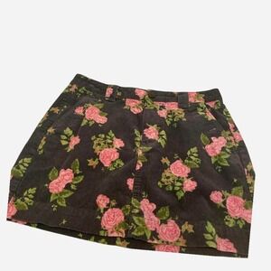 Black corduroy summer mini skirt with pink rose print